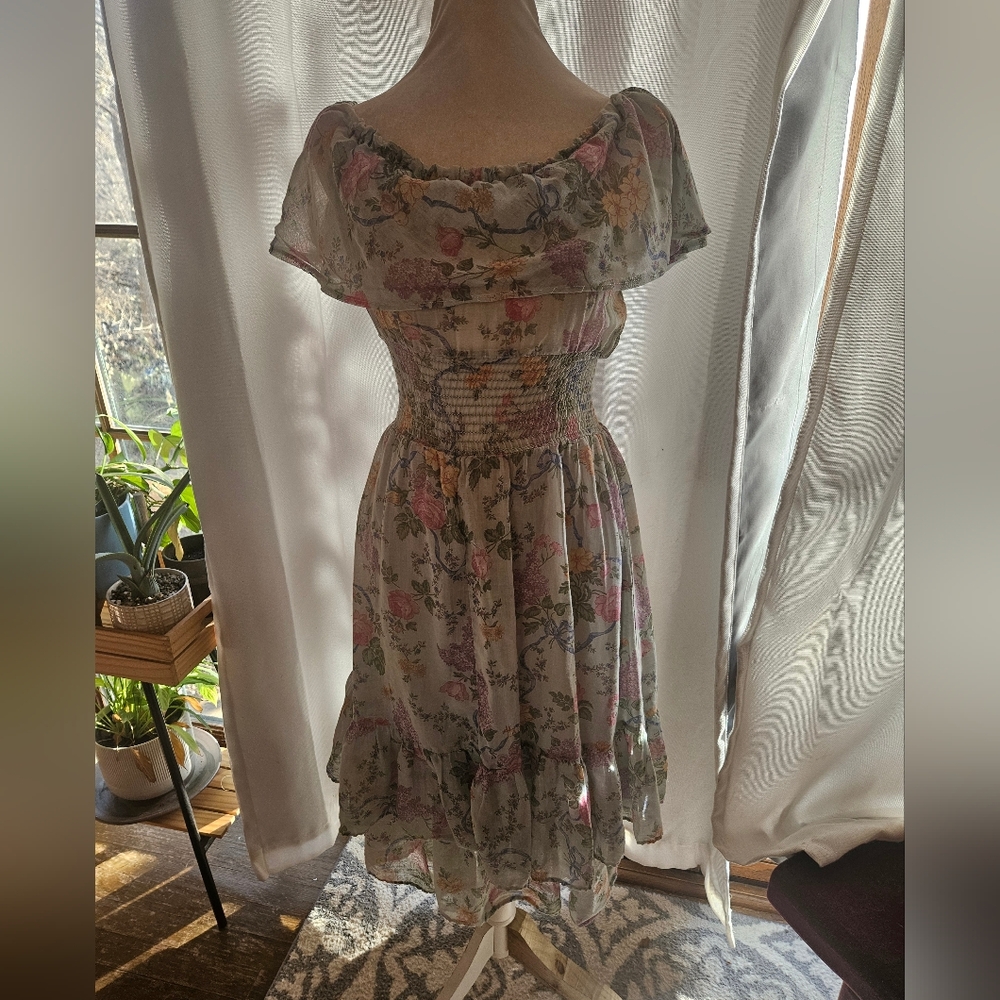 Vintage Floral Midi Dress in Cream with Pink & Green Accents